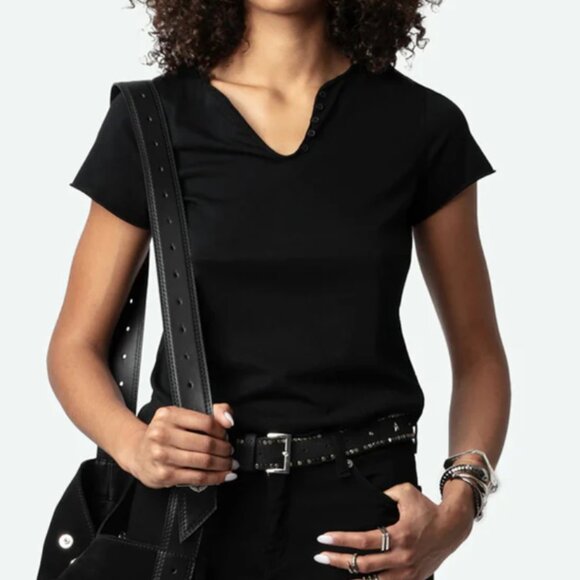 Zadig & Voltaire Love Yourself T-Shirt Womens Black Red Lips Strass Short Sleeve - Picture 3 of 7